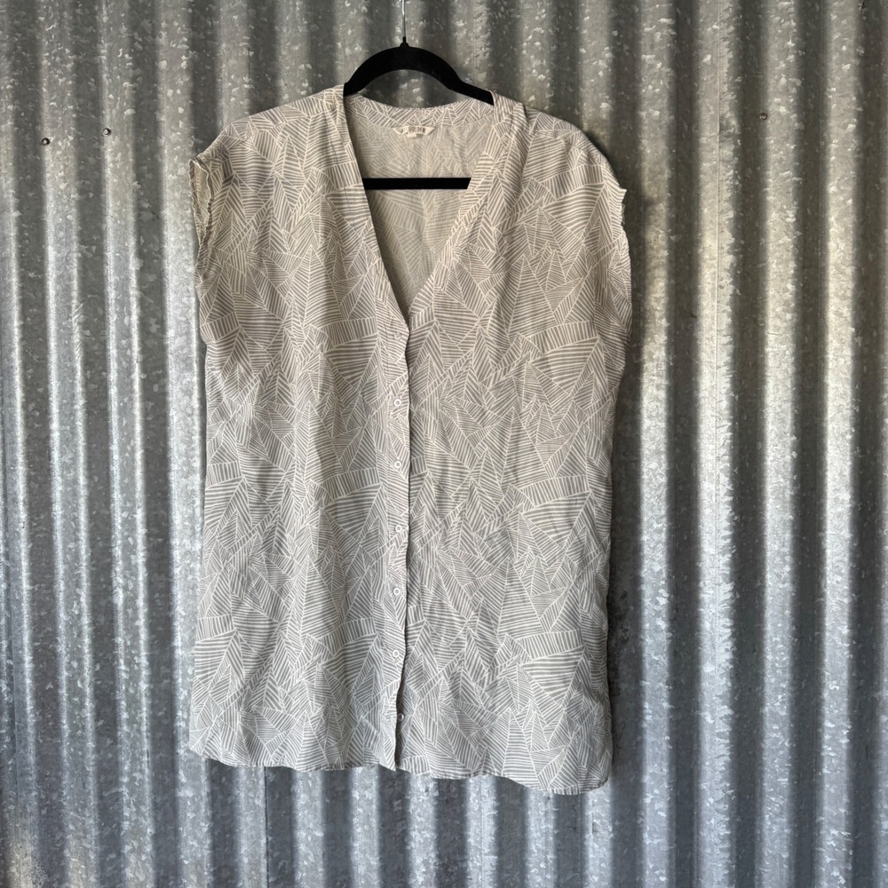 Ali Golden 100% Silk Geometric Print Button Front Tunic Top Grey White OS